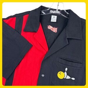 King Louie Bowling Shirt Men XL Black Red Rayon Embroidered Ball Pins Retro